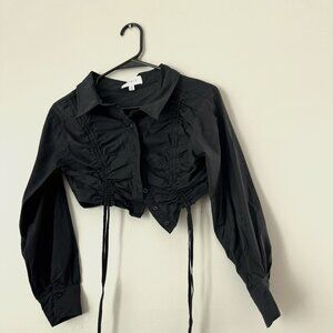 Mable Black Cropped Blouse – Tie Hem & Cuffed Sleeves